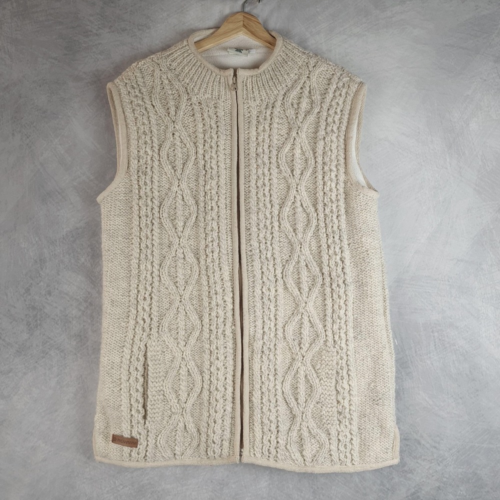 Pachamama Sweater Vest Womens Large Cream Wool Fisherman Knit Fleece Lined Zip